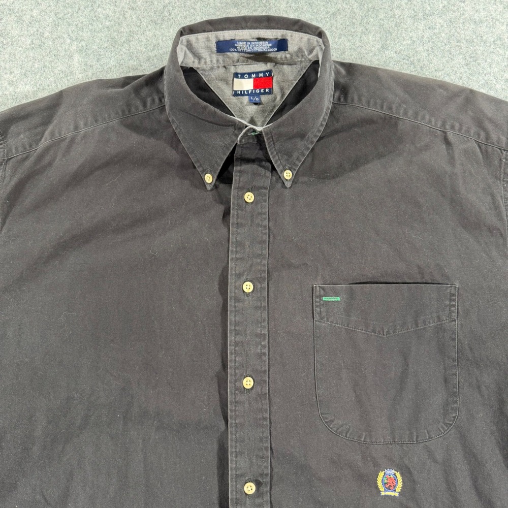 Tommy Hilfiger Mens Black Cotton Button Down Shirt Crest Logo Long Sleeve Large